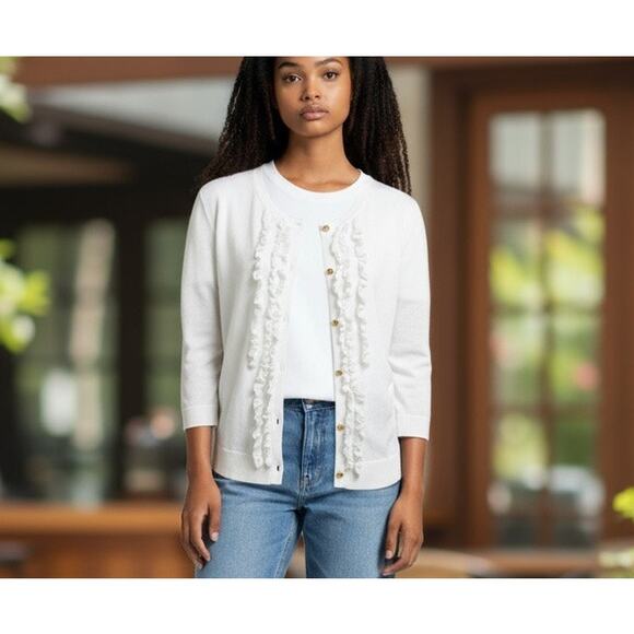 Talbots Sweater Knit Cardigan SZ LG Petite White Ruffles Gold Buttons Feminine - Picture 1 of 9